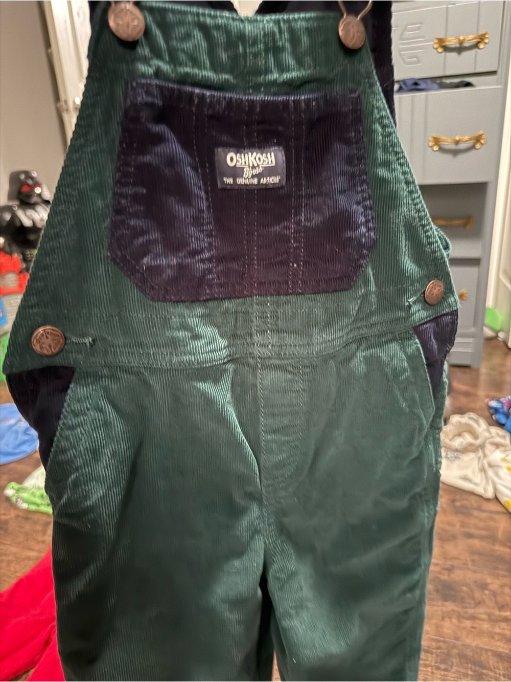 OshKosh B'gosh Dark Green Corduroy Kids Overalls with Navy Accents - Picture 3 of 5